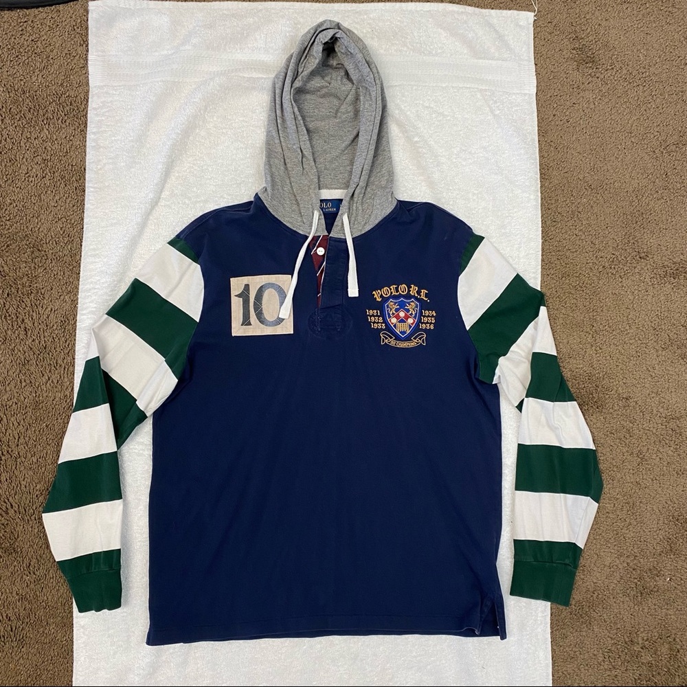 Polo Ralph Lauren Pullover Hoodie Light Rugby Crest Striped Sleeves Size L